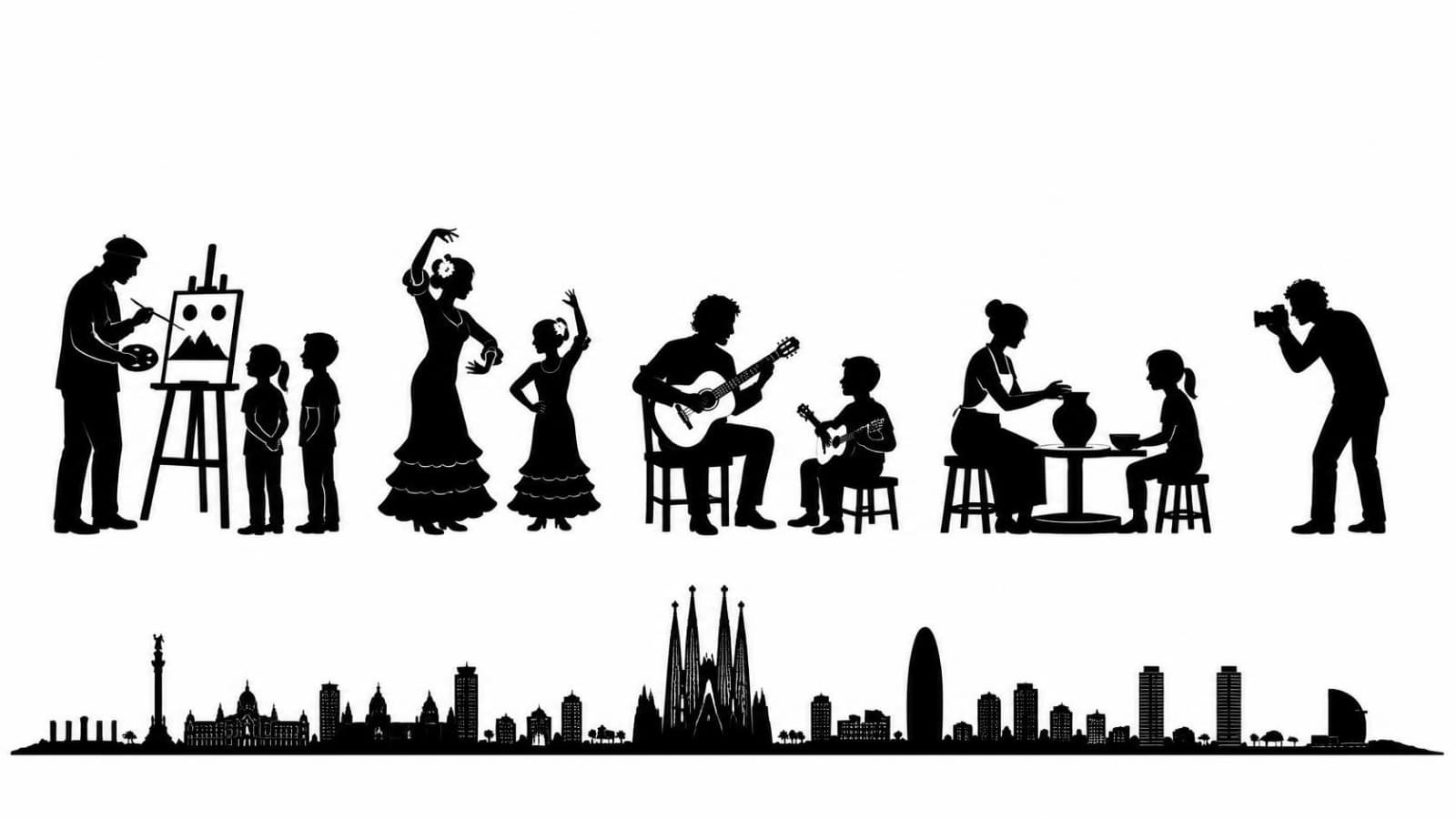 Artistas de Barcelona enseñando pintura, flamenco, guitarra, cerámica y fotografía, sobre el skyline de la ciudad