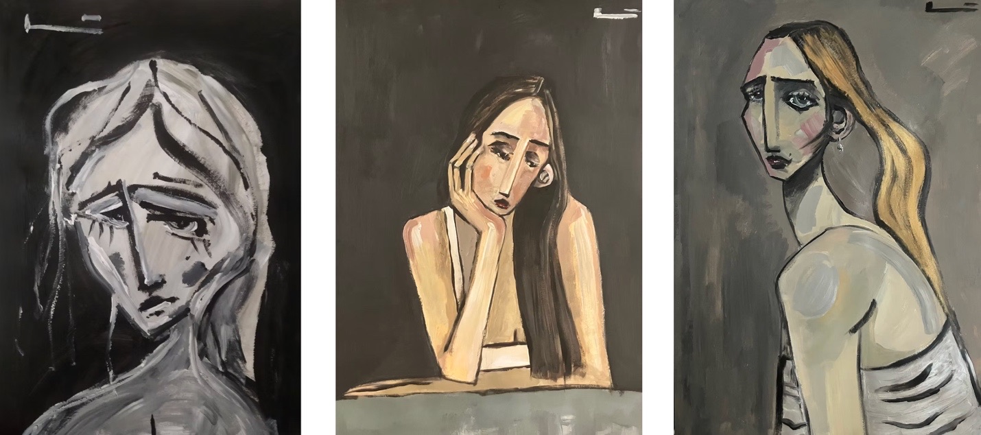 Tres retratos femeninos imaginarios de Ernest Compta Llinàs: rostros alargados y melancólicos representados en tonos apagados